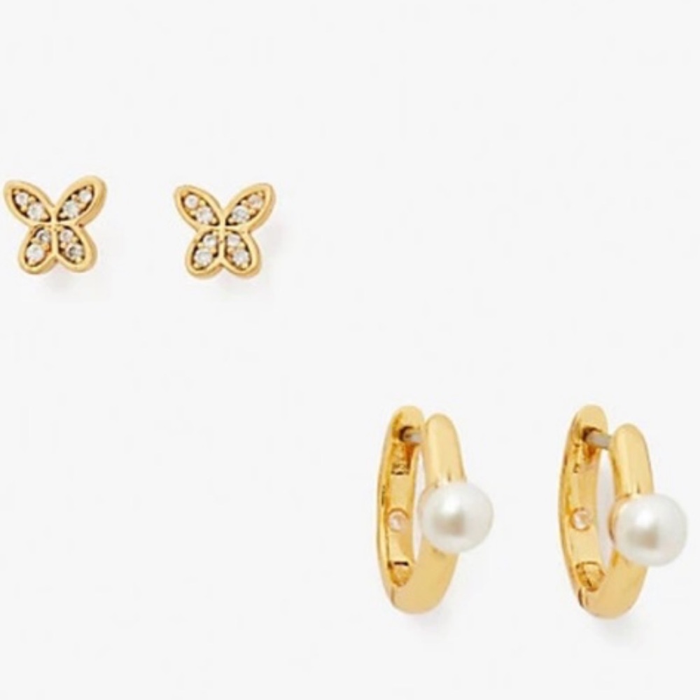 $78 Kate Spade Tiny Twinkles Hope Butterfly Stud & Pearl Huggie Hoop Earring Set